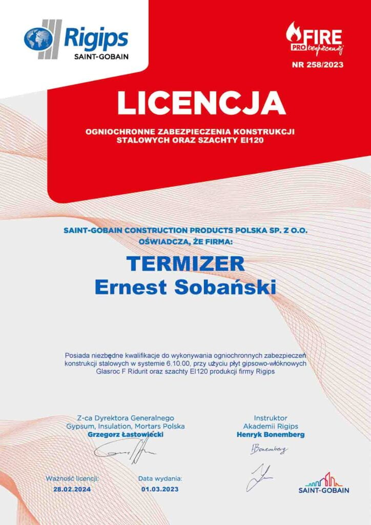 licencja rigips ogniochronne zabezpieczenia