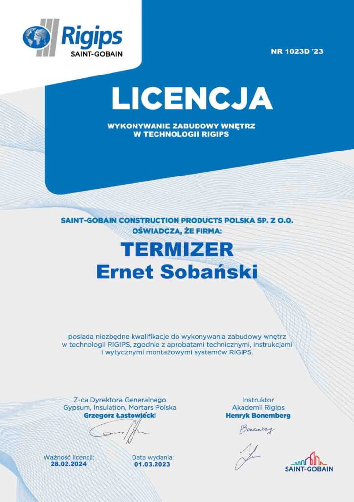 licencja rigips zabudowy